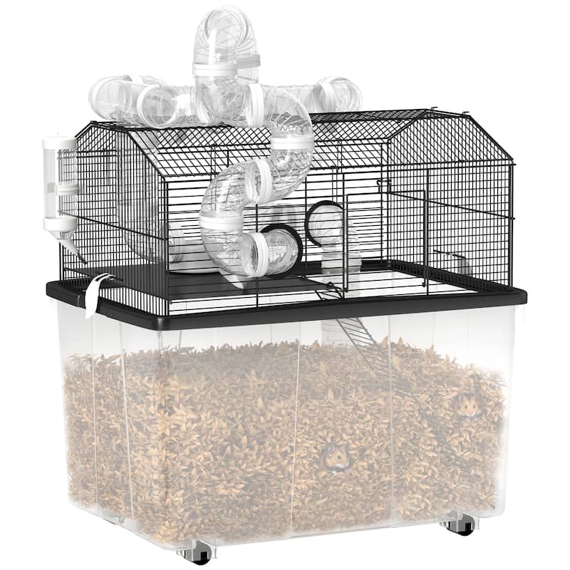 PawHut Large Hamster Cage with 12" Deep Tray, 2 Tier Gerbil Cage with Tube System, Water Bottle, Ramp, Black - Black