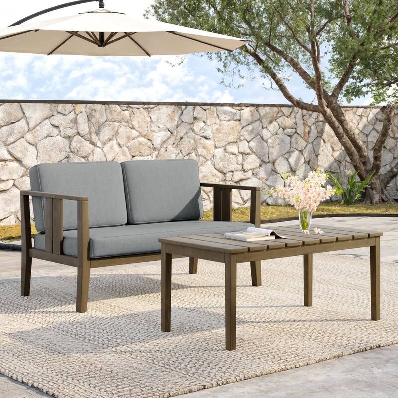 Teak Wood Water Resistant Outdoor Loveseat and Coffee Table Set (Set of 2) - Brown frame - Grey/Brown