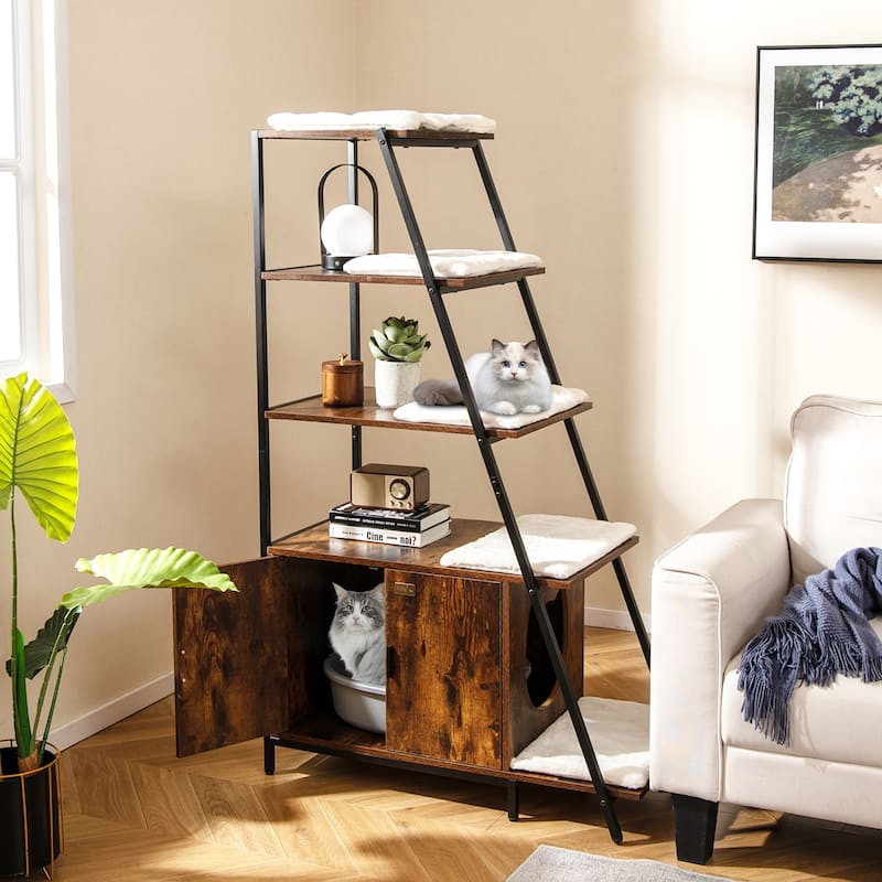 Stylish Large Cat Litter Box Enclosure with Storage and Ladder Shelf for Organization