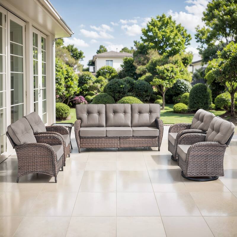 TWrap 6-Piece Patio Brown Wicker Sofa Conversation Set with 5-Inch Thick Cushions - Brown/Gray - 6-Piece