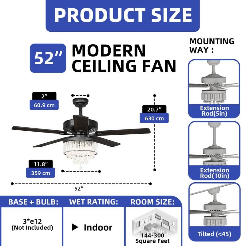 Moasis 52" Chandeliers Crystal Ceiling Fan with Light and 5 Dual Color Wooden Blades