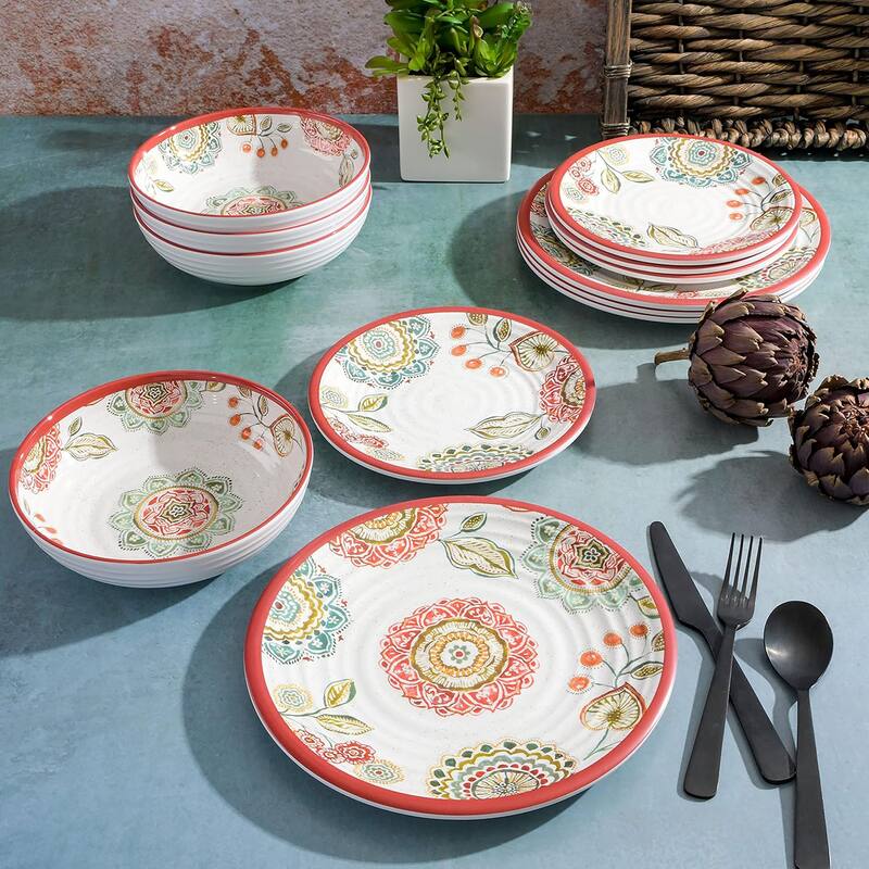 Sunshine Patch 12 Piece Melamine Dinnerware Set in Red and Orange