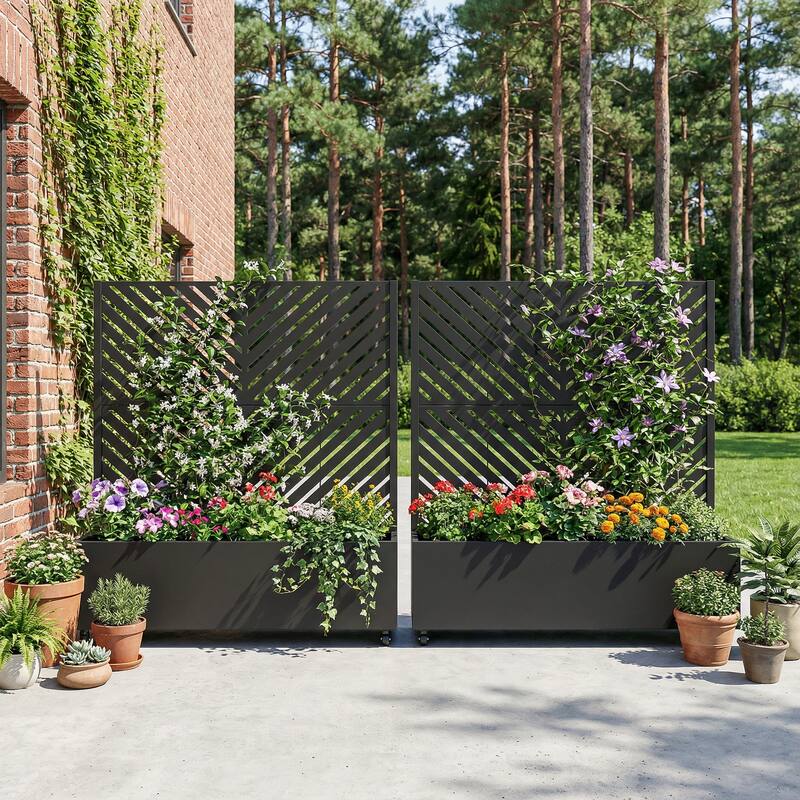 Outdoor Planters Metal Planter Box with Trellis with Wheels(Set of 2)