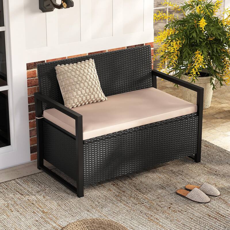 Costway Patio Storage Bench Wicker Loveseat with Built-in Storage & - See Details