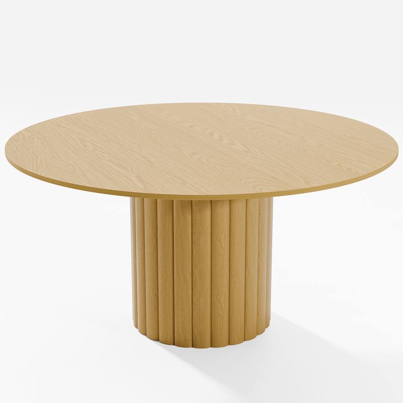 Solid Wood Round Dining Table Kitchen Table with Tabletop & Textured Cylindrical Base