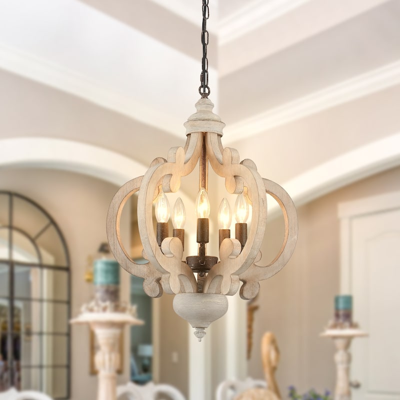 5-Light Modern Pendant Light, Farmhouse Wood Chandelier for Dining Room Living Room - W17.71"x H19.68"