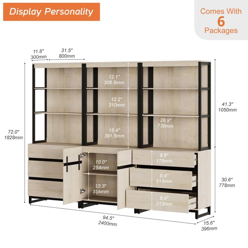 WAMPAT 3-Piece Modern 72" Tall Bookcase with 6 Drawers and Adjustable Shelves