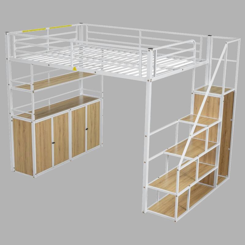Full Loft Bed with Built-in Wardrobe, Storage Staircase & Shelves, Metal Frame - White - Full