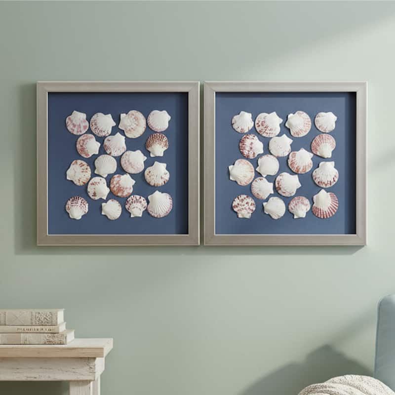 American Art Decor 2-Piece Coastal Seashell & Sea Glass Shadowbox Framed Wall Art Set