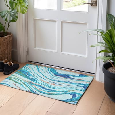 Machine Washable Indoor/ Outdoor Modern Wave Chantille Rug