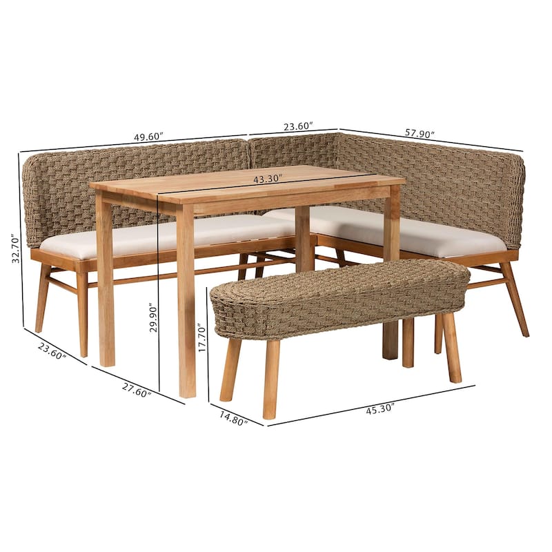 Denver Modern Bohemian Natural Seagrass and Acacia Wood Dining Nook Set