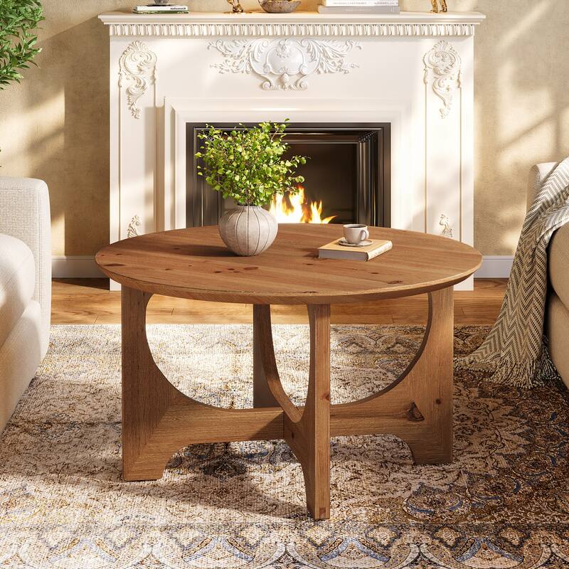 Solid Wood Round Coffee Table, Center Cocktail Accent Table for Living Room