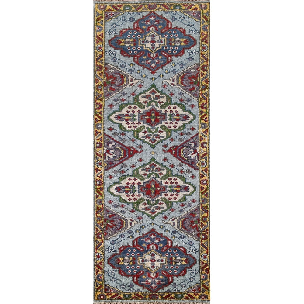 Blue Geometric Kazak Runner Rug Handmade Wool Carpet - 2'6"x 8'0"