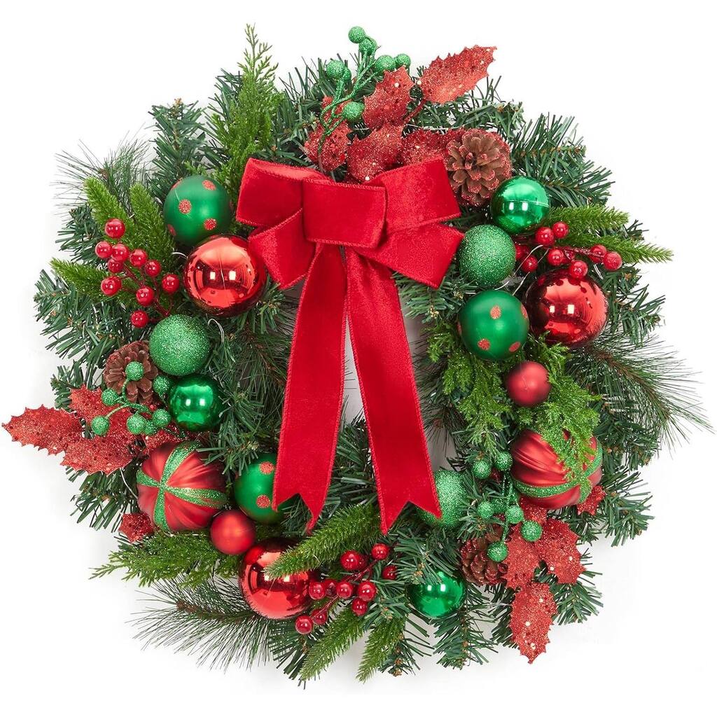 22" Christmas Wreath with Lights for Front Door with Red Green Balls Pine Cones