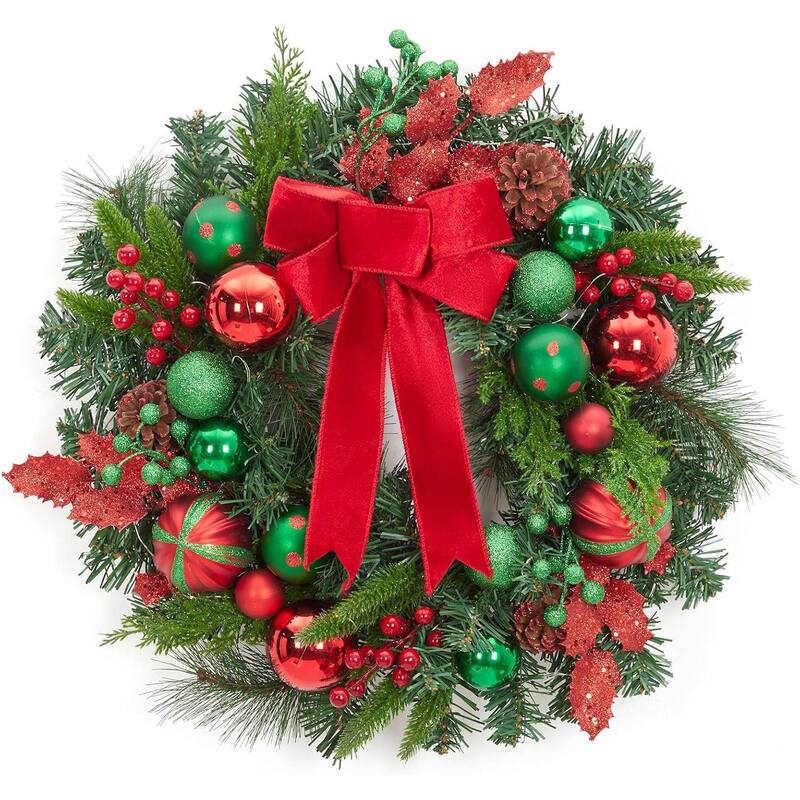 22" Christmas Wreath with Lights for Front Door with Red Green Balls Pine Cones - Green