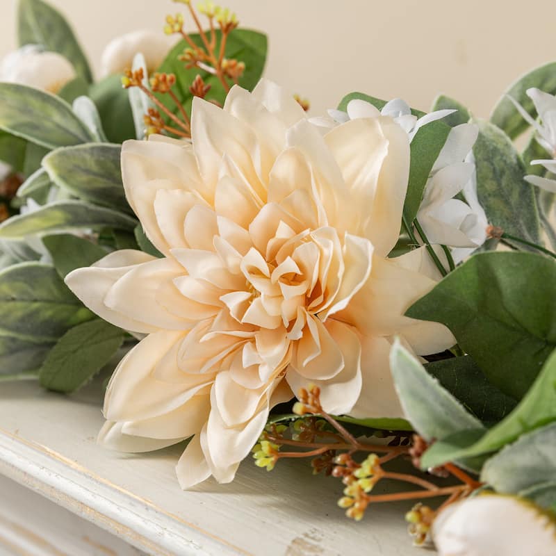 Glitzhome Peach Dahlia Floral Wreath Teardrop Garland