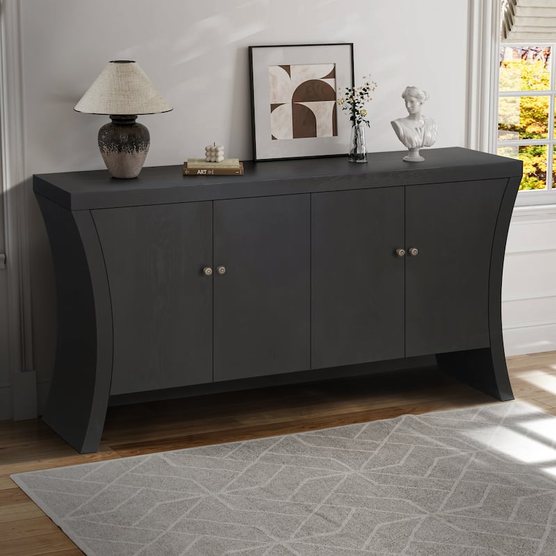 GDFStudio - Industrial 4-Door Credenza with Wooden Arc Legs & Bronze Clasps, Solid Wood Storage Cabinet