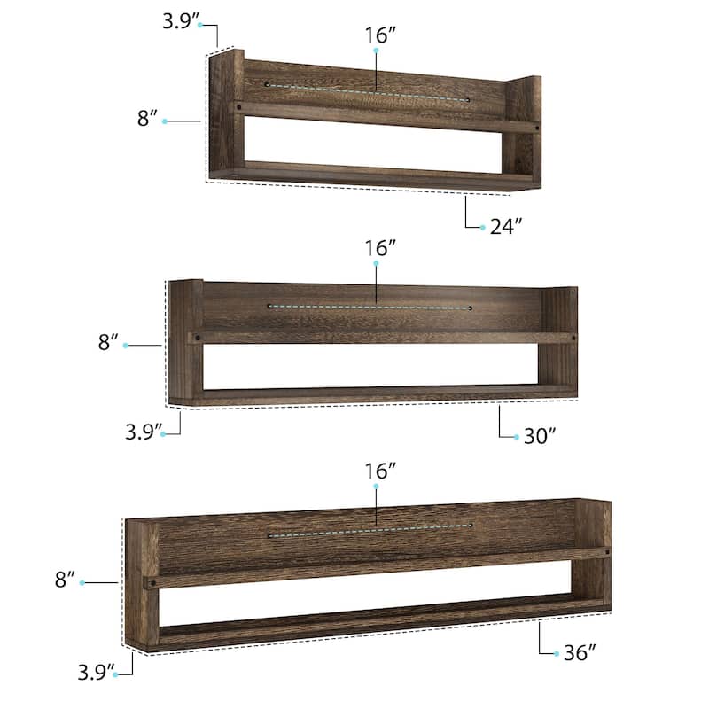 Wallniture Polynez Rustic Wood Floating Shelf, Set of 3, 24-30-36 inches Multisize Wall Shelves, Wall Mounted Shelving for Books