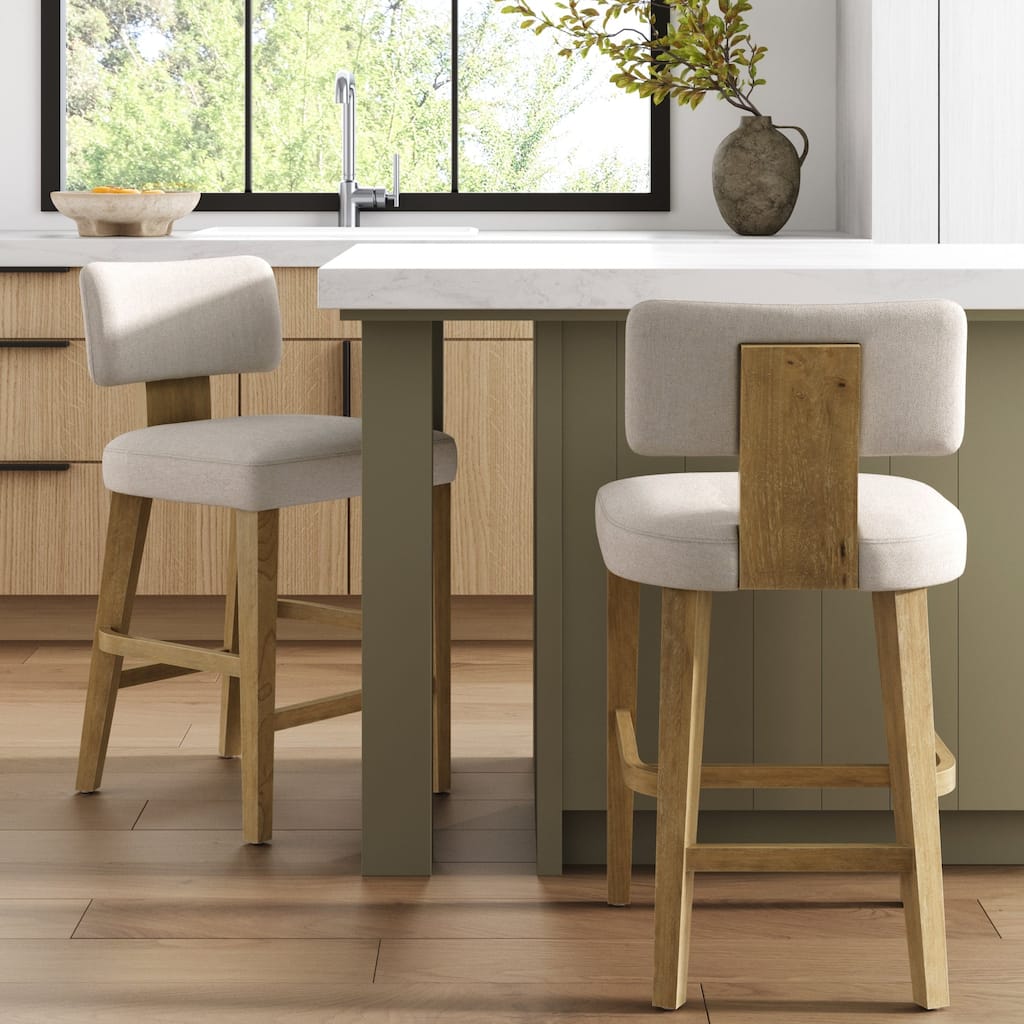 Thalen Scandinavian Bentwood Counter Stools with Solid Wood Legs and Flax Upholstery