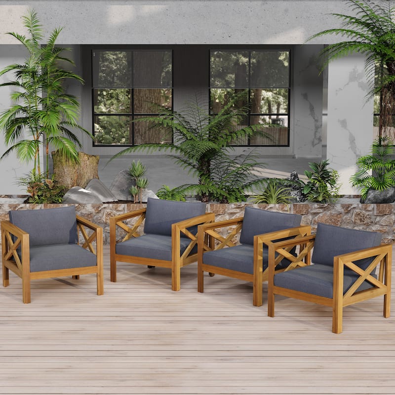 Outdoor Acacia Wood Club Wooden Armchair with Cushions (Set of 2), Conversation Set,Teak Finish,Dark Grey cushion