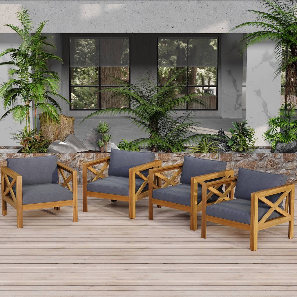 Outdoor Acacia Wood Club Wooden Armchair with Cushions (Set of 4), Conversation Set,Suitable For Outdoor Gatherings