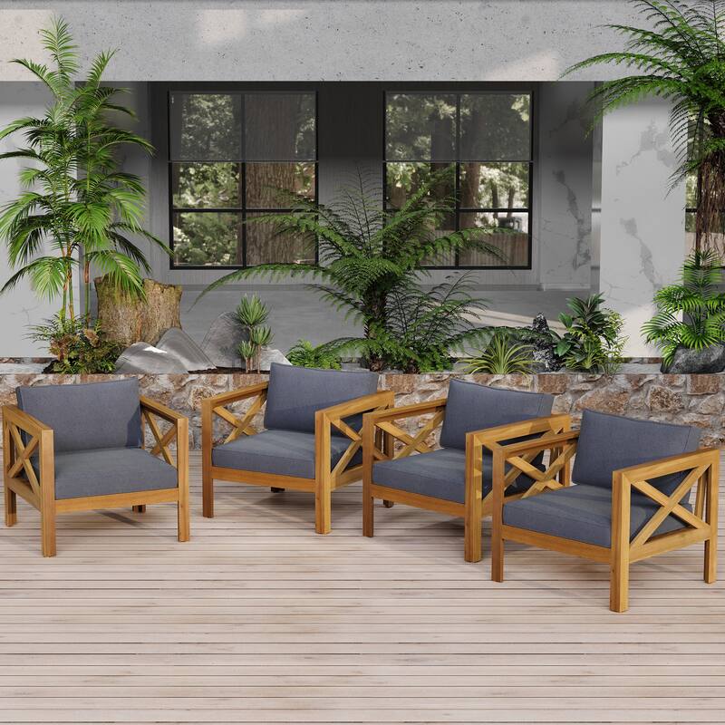 Outdoor Acacia Wood Club Wooden Armchair with Cushions (Set of 4), Suitable For Outdoor Gatherings, Teak Finish - DARK GREY,Teak