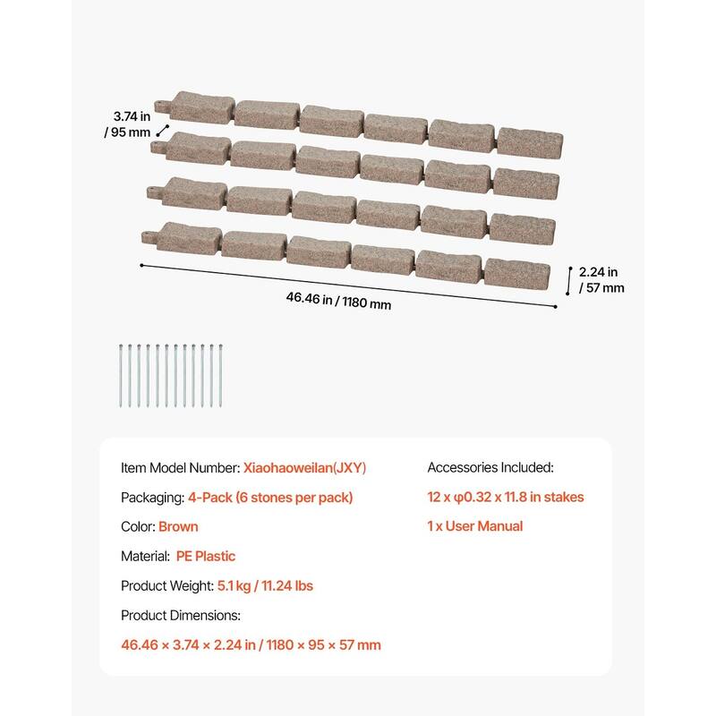 Brown Plastic Stone Landscape Edging 4 Pack with Stakes for Garden Borders - 46.46 × 3.74 × 2.24 in