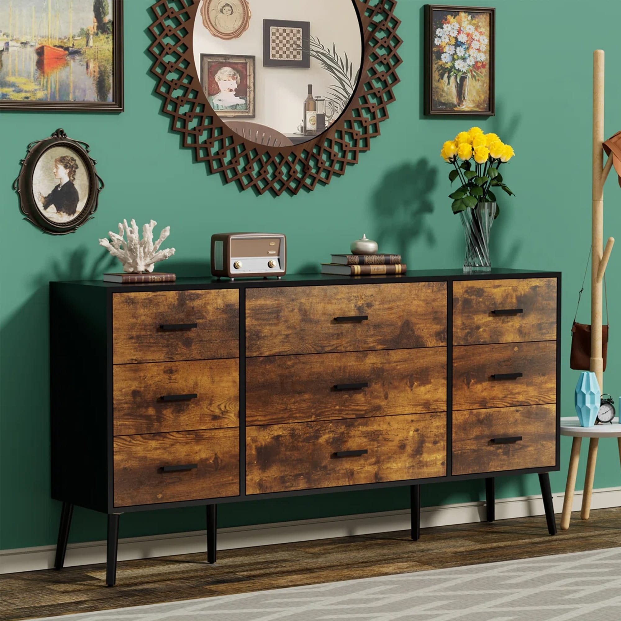 61" Wide 9-Drawer Dresser Rustic Brown Bedroom Chest of Drawers