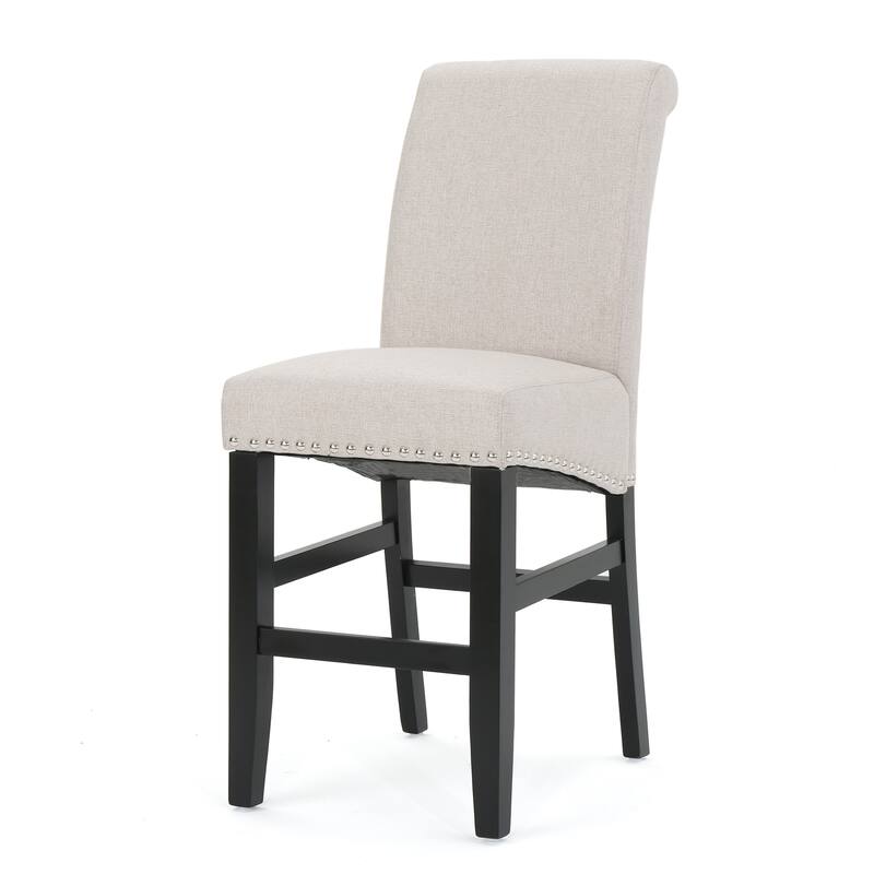25" Contemporary Upholstered Counter Stools with Nailhead Trim (Set of 2), Wheat/Matte Black, Fabric