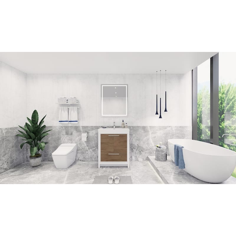 dolce 30 natural oak finish freestanding bath vanity with single basin reinforced acrylic top