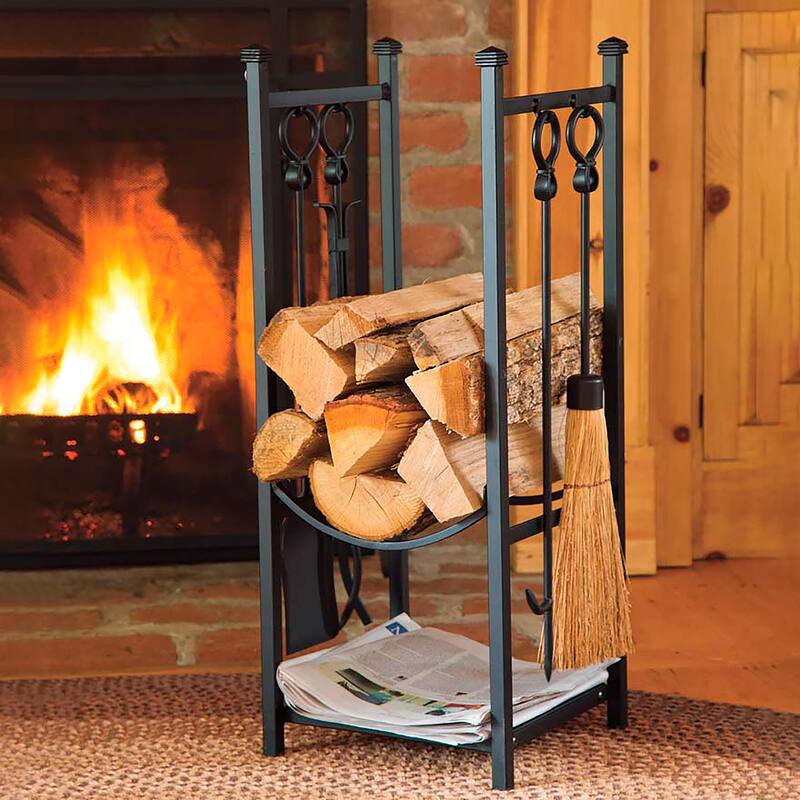 Wood Rack With Fireplace Tools - Black