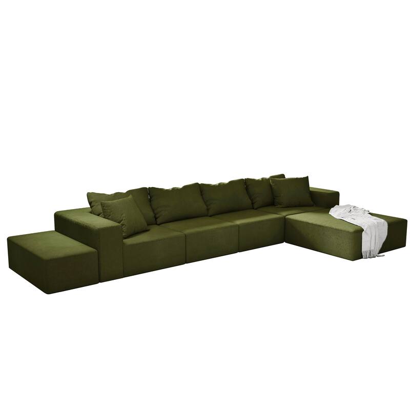 Floor Upholstered Sectional Sofa Modular L Shaped Couch Set with 6 Pillows and Ottomans, Living Room Sleeper Sofa Bed