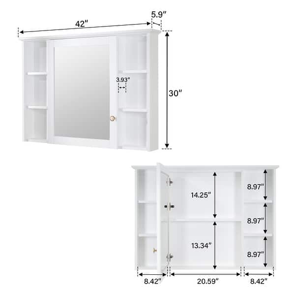 dimension image slide 4 of 12, Modern Surface Mount Solid Wood Framed Medicine Cabinet With Mirror and Shelves