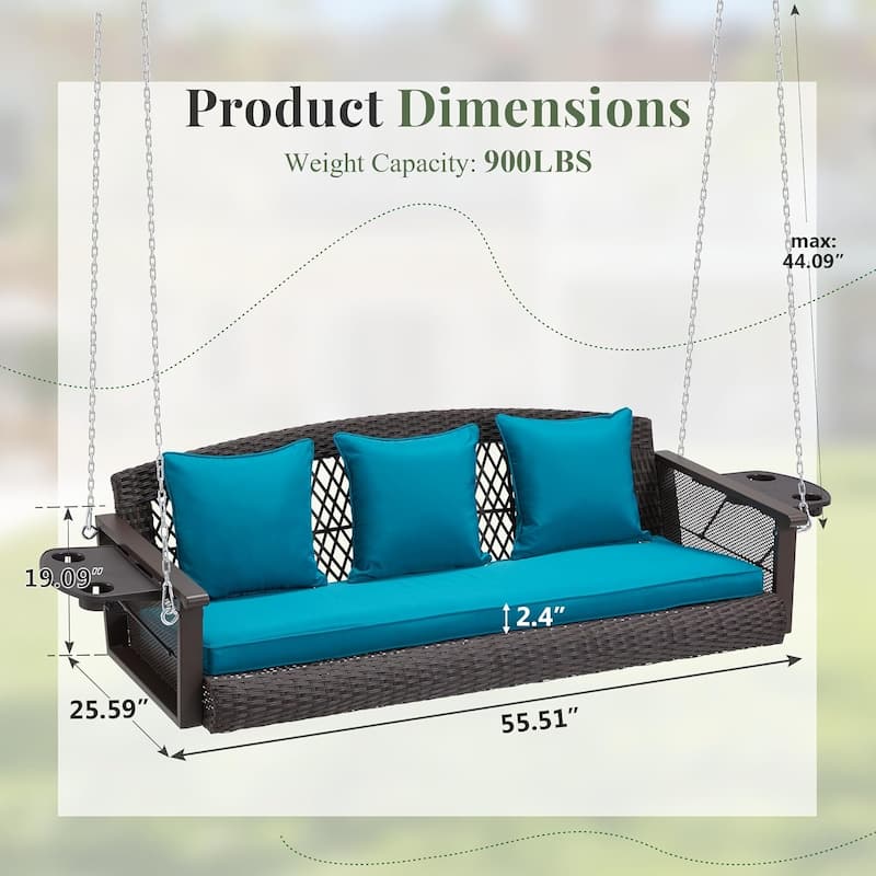 3-Seat Outdoor Porch Swing with Cushions, 900 LBS Capacity, Hanging Chains for Deck, Backyard, Lawn