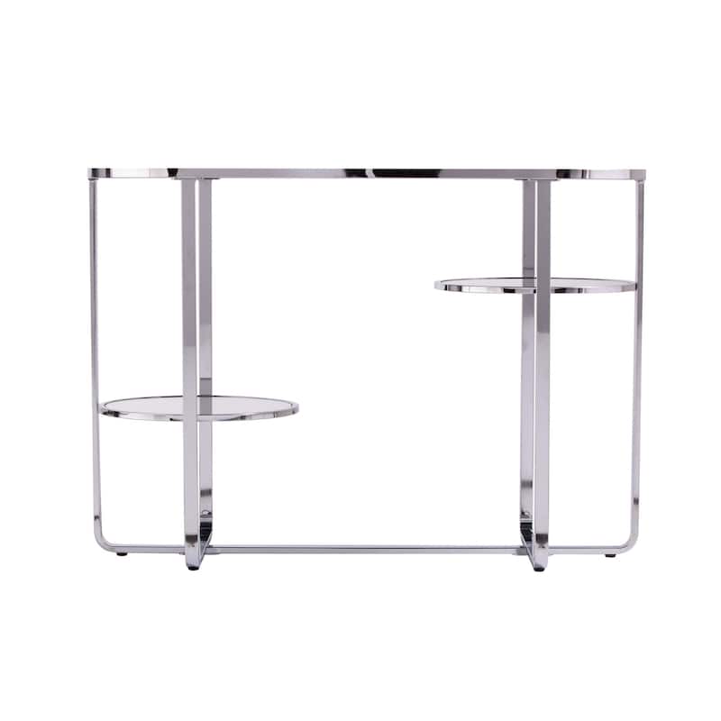 Silver Glass Mirrored Oval Console Table with Shelves and Iron Cross Legs - 42" L x 16.5" W x 29.75" H