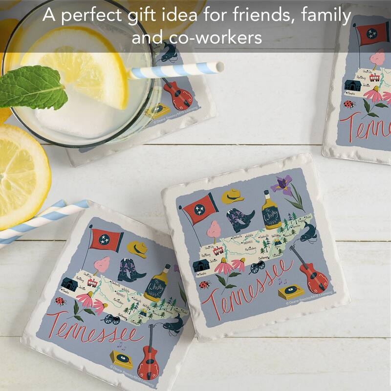 Tennessee Home 4-Pack Absorbent Stone Coasters with Protective Cork Backing 4" Square Made in The USA Easily Wipes Clean