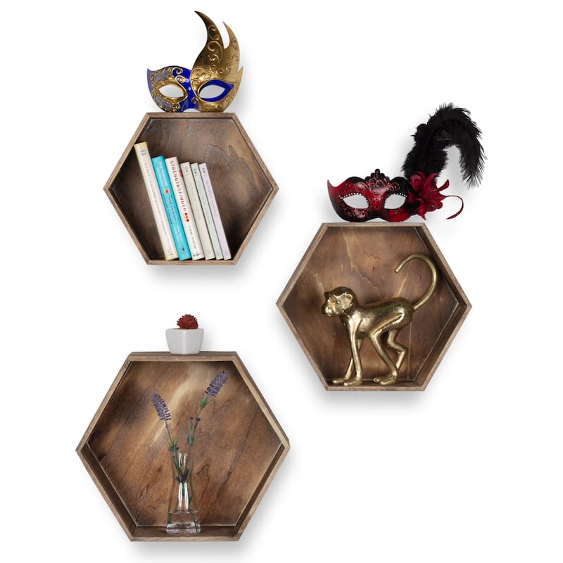 Rustic State Wall Mount Hexagon Wooden Box Shelf Varying Sizes - Pack of 3