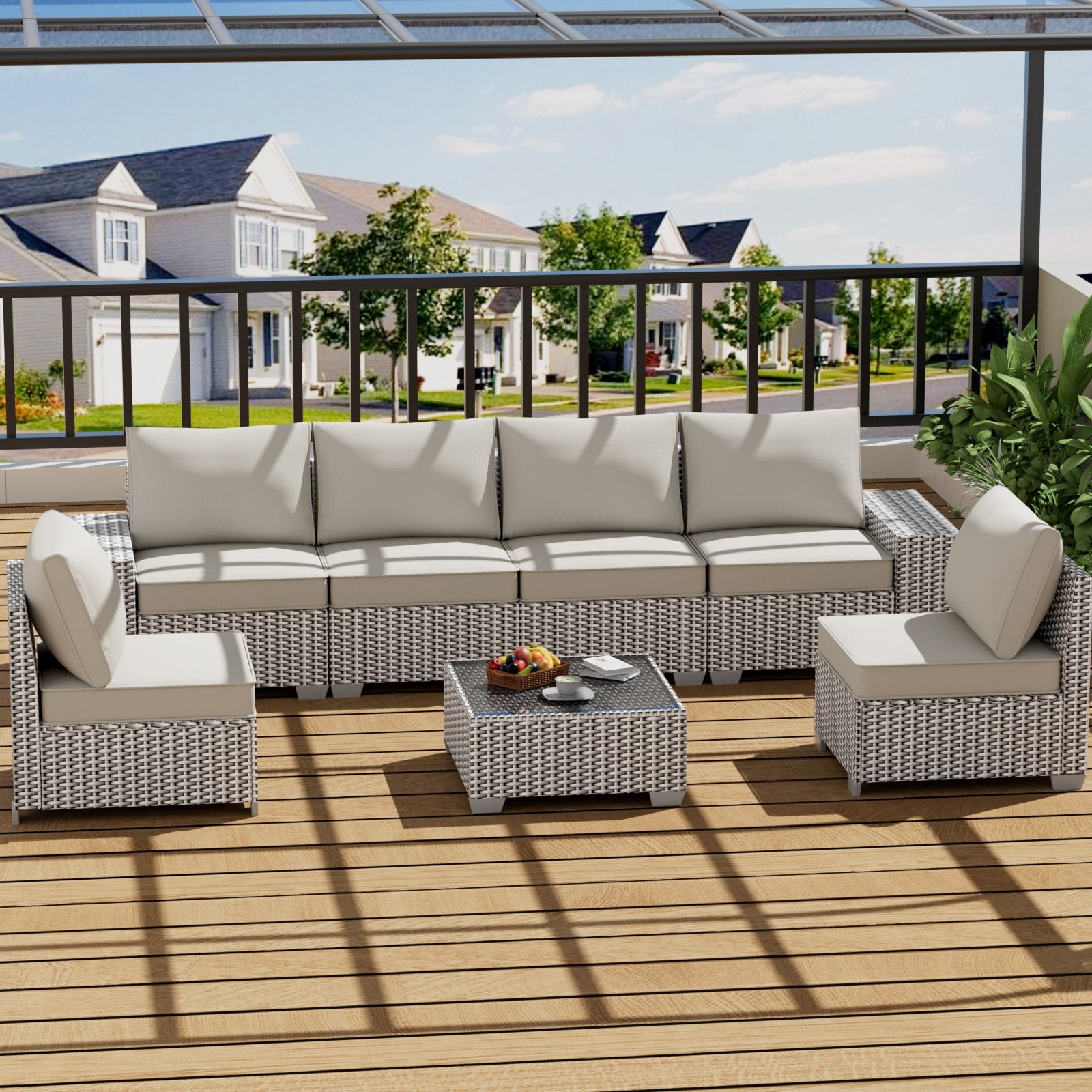Outdoor 7-piece PE Rattan Conversation Set with Coffee Table