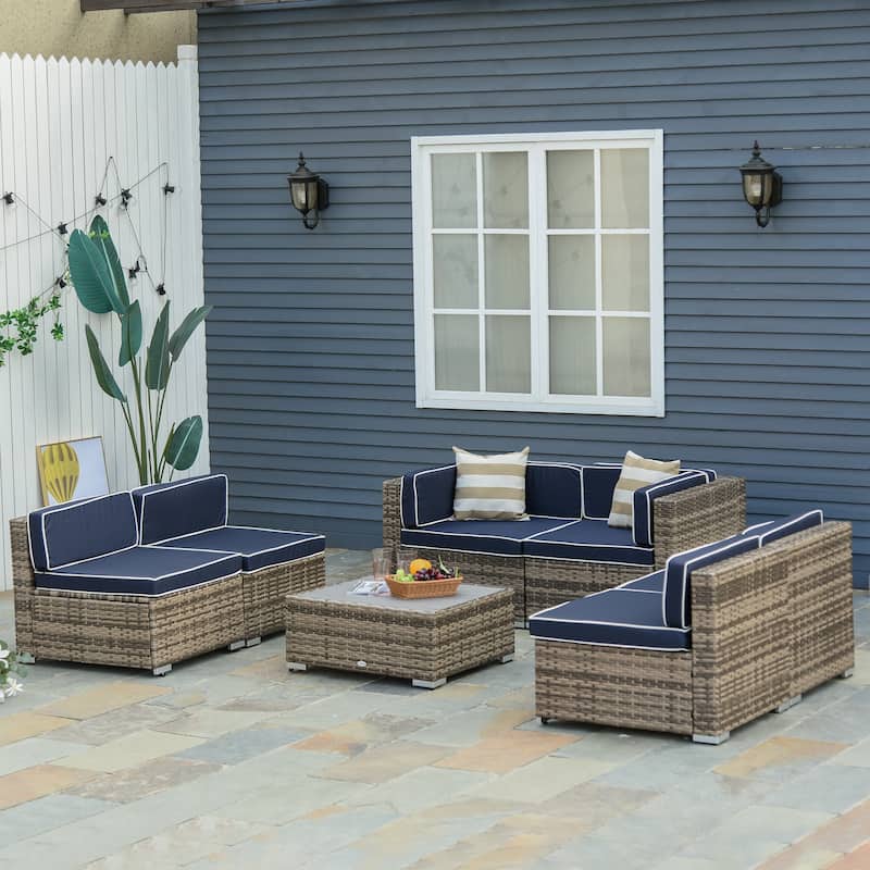Outsunny 7-Piece Outdoor Wicker Patio Furniture Set - Wooden Tabletop - Blue
