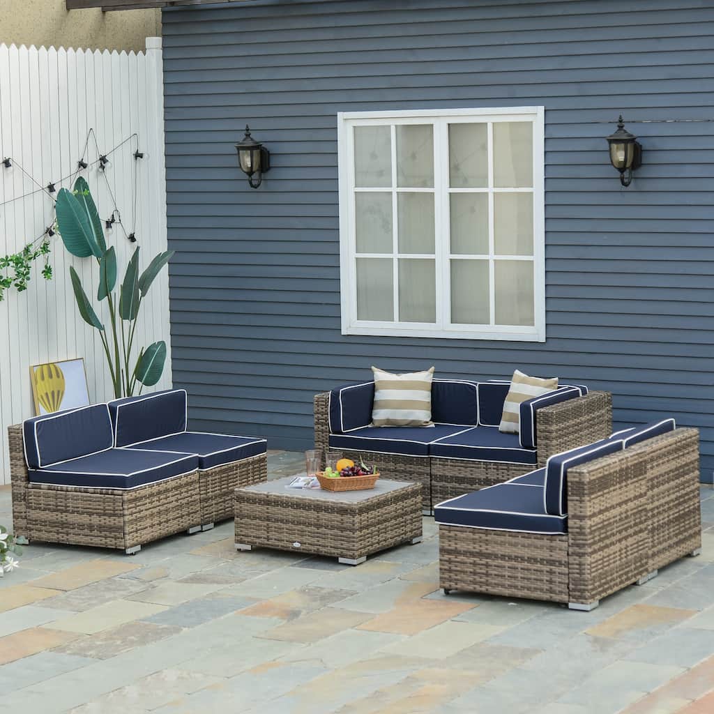 Outsunny 7-Piece Outdoor Wicker Patio Sofa Set, Modern Rattan Conversation Furniture Set with Cushions & Table