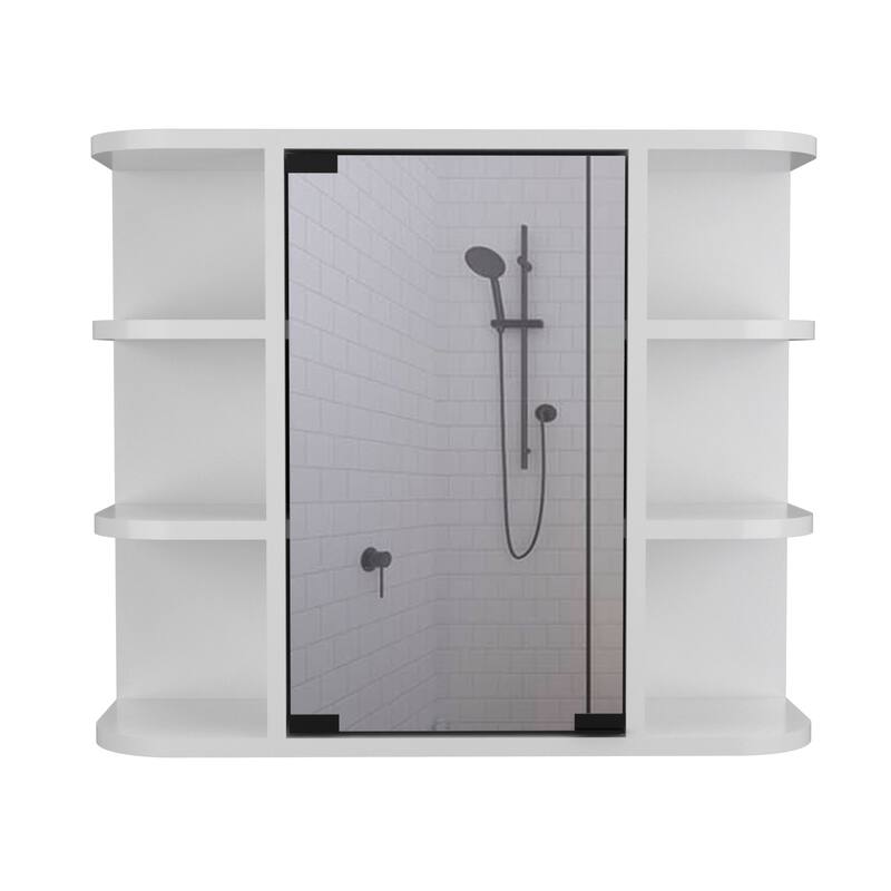 6-Shelf Medicine Cabinet with Mirror Panel Door, 3 Open Shelves on Each Side for Bathroom or Living Room Storage