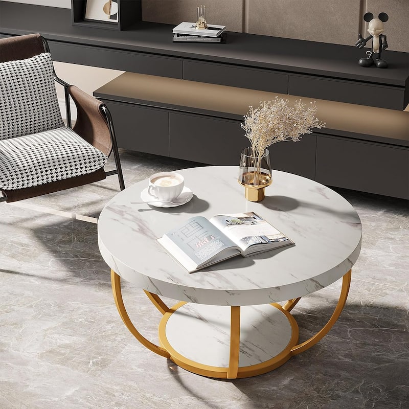 31.7" Round Coffee Table, Modern 2-Tier Center Table Sofa Side Table