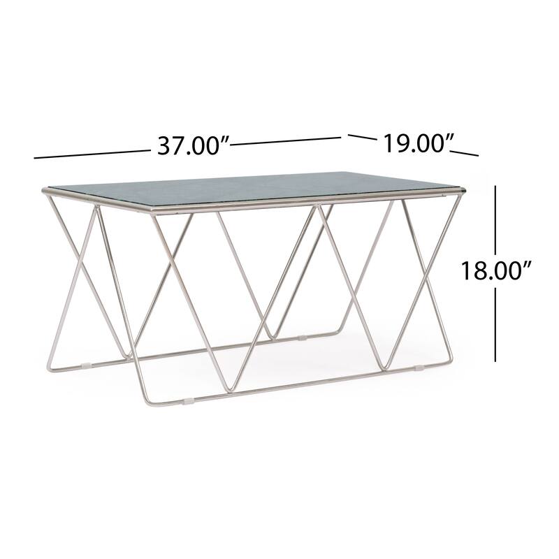 Roomfitters Modern Accent Coffee Table with Faux Green Marble Glass Top, Geometric Silver Metal Frame, Contemporary Style