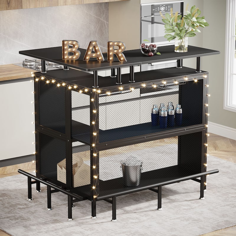 36"x 48"L-Shaped Home Bar Unit with Footrest - Modern Corner Liquor Cabinet with 2-Tier Shelves & Glass Racks - Black