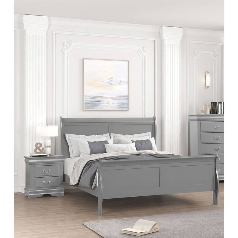 Queen Size Sleigh Bed in Gray with Wooden Bracket Feet