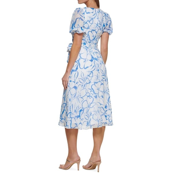 Dkny Women's Balloon Sleeve Faux Wrap Dress White Size 2Petite