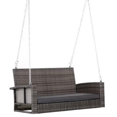 2 Person Wicker Hanging Swing Bench, Front Porch Swing Outdoor Chair with Cushions 550 lbs, Weight Capacity for Backyard, Garden