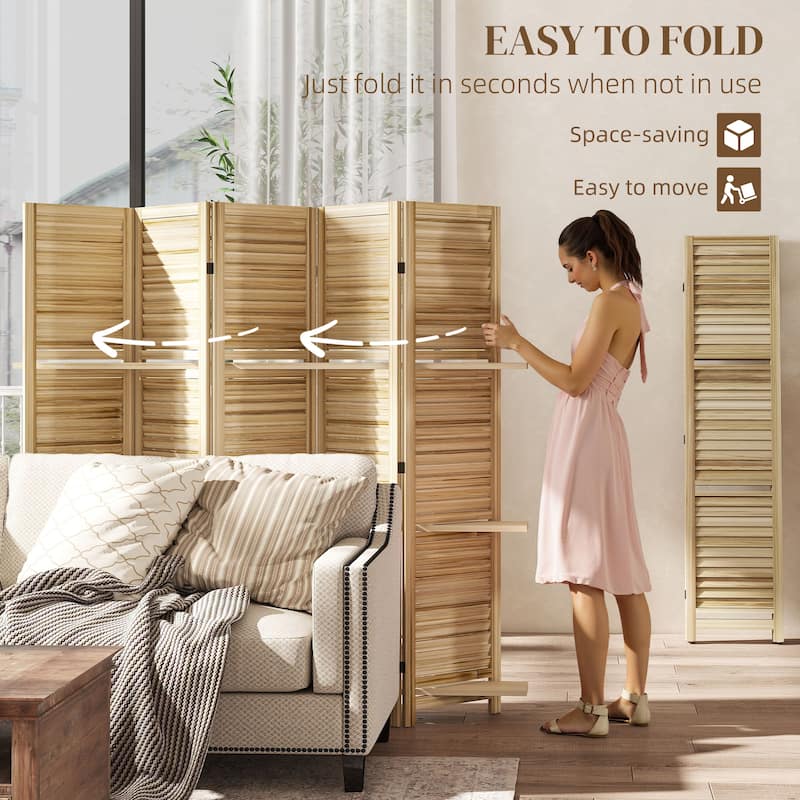HOMCOM 5 Panel 67" Tall Wood Room Divider, Privacy Screen with 3 Display Shelves, and Folding Storage for Bedroom or Home Office