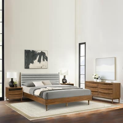Artemio Black or Walnut Wood 4 Piece Bedroom Set with Grey Upholstered Headboard