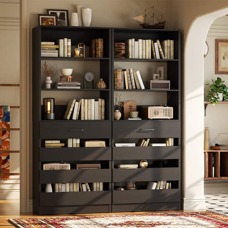 21.3" Storage Cabinet Bookshelf with Charging Station and 3 Wood Drawers, Freestanding Closet System with Storage Shelves
